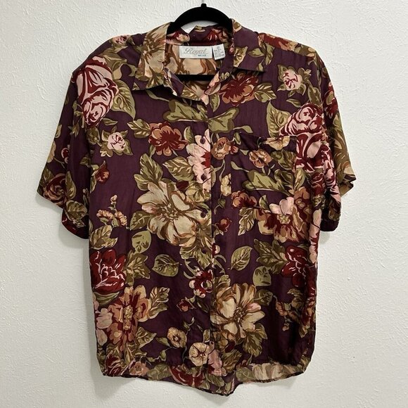 VTG 90s Royal Wear Purple Multicolored Floral 100% Blouse Shirt Size M Button Up - Picture 1 of 9